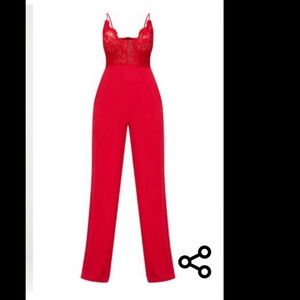 Pretty Little Thing Red Lace Wide Leg Jumpsuit